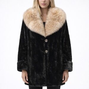 Vintage Black Mouton Sheepskin Fur Coat with Fox Fur Collar
